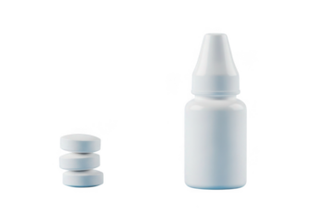White plastic eye drop bottle and stack of white pills isolated on transparent background