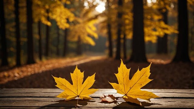 Video A pair of yellow leaves rests on a wooden table in a woodland setting