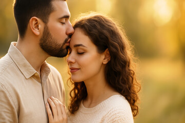 Naklejka premium Couple in a romantic moment outdoors, man kissing woman's forehead with a warm golden hour light.