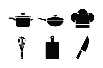 Collection of black kitchen utensils and chef hat icons