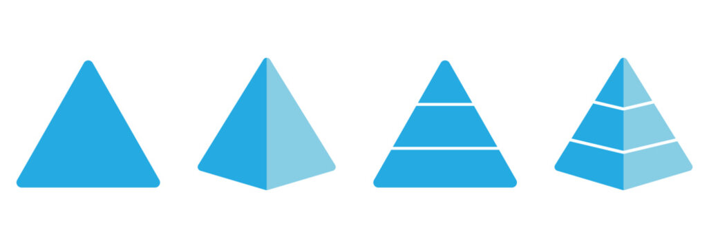 Triangular pyramid icon. Levels of triangular pyramid. Half triangle pyramid chart. Maslow layer diagram. Development level infographic. Business graph. designed for business presentations, charts.