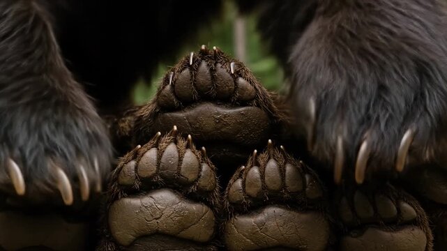 Close-up of multiple furry paws with sharp claws and muddy pads in a forest