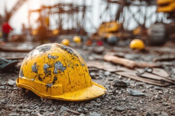 Damaged Yellow Safety Helmet on Dusty Construction Site Ground