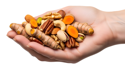 Handful of mixed nuts and dried apricots on black background