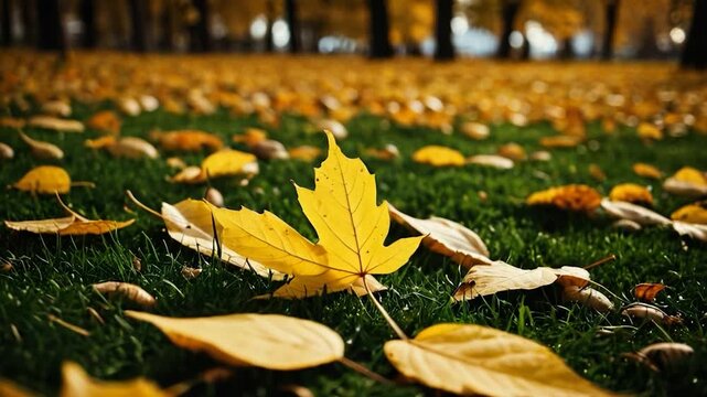 Video A single yellow leaf lies on top of a vibrant green field, perfect for nature or seasonal themed projects
