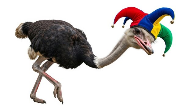 ostrich wearing a jester hat, joker, entertainer, on a white background, animal photo