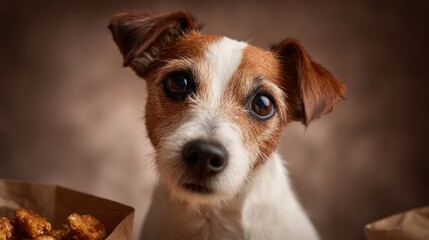 Dog's Mealtime: Jack Russell Terrier Focused on Food and Camera