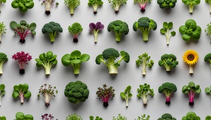 A vibrant, top-down pattern of fresh microgreens, small broccoli florets, and a sunflower head on a light grey background, showcasing healthy and diverse organic produce.