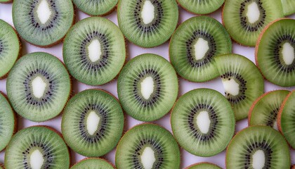 A visually appealing close-up of numerous fresh kiwi fruit slices, showcasing their vibrant green flesh, white cores, and tiny black seeds, arranged in a refreshing pattern.