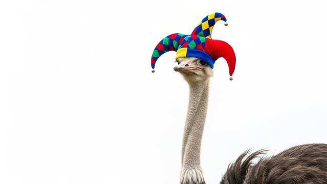 ostrich wearing a jester hat, joker, entertainer, on a white background, animal photo