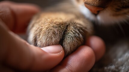 Interspecies Friendship: Hand Gently Clasping a Domestic Cat's Paw