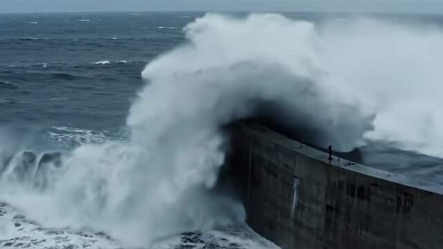 Massive waves crash against a concrete barrier wall during a storm, a lone figure stands on the wall facing the tempest,Dramatic storm at sea with colossal waves engulfing a sturdy protective seawall