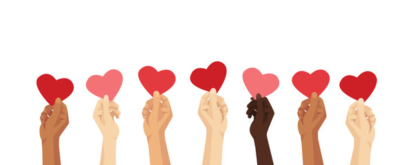 Diverse group of people raising hands holding red hearts. Charity, support, kindness and sicial help. Isolated vector illustration background