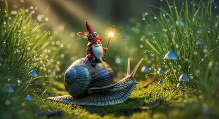 Magical Forest Gnome Riding a Giant Snail with a Glowing Wand in Wet Grass