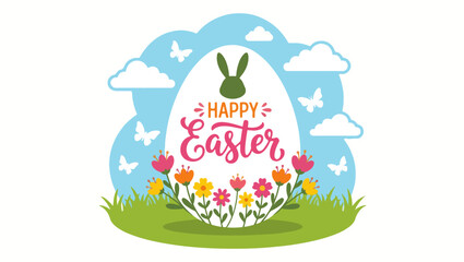 Happy Easter Wishes Card Illustration, Happy Easter greeting card, Easter wishes design, white egg centerpiece, decorative bold text, colorful Easter eggs, springtime illustration, green leaves, 