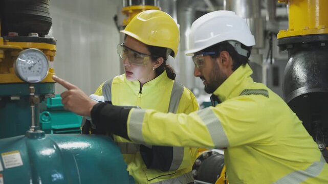 Professional industrial engineer in safety gear examining the critical pipeline infrastructure of a colossal industrial water cooling plant.