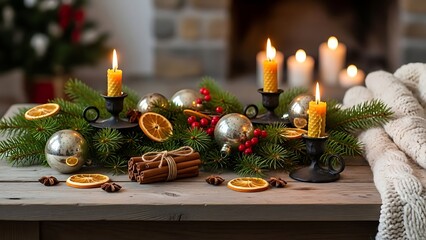 christmas still life with candles and decorations