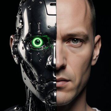 Half-man half-robot face metal and a single green eye
