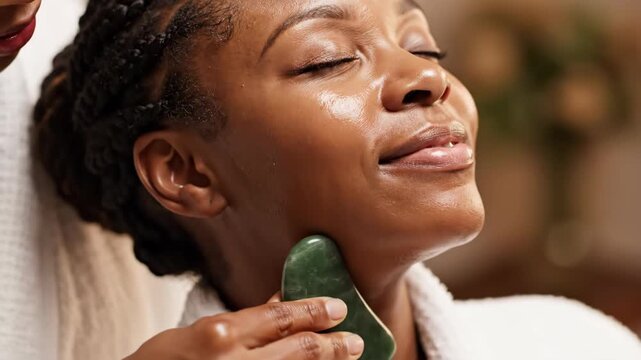 A Black woman receives a relaxing gua sha facial massage in slow motion. Close-up of a jade stone gliding on glowing skin for a spa treatment. Skincare and wellness concept