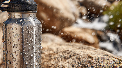 Close-up of condensation forming along the surface of a cold stainless reusable bottle, placed on a stone surface outdoors, refreshing active-lifestyle visual