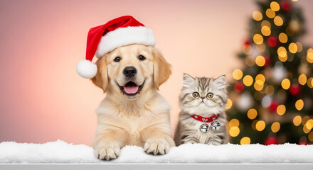 Dog wearing Santa hat and cat with bells, sitting on snow with Christmas tree background, festive concept for celebration and holiday season