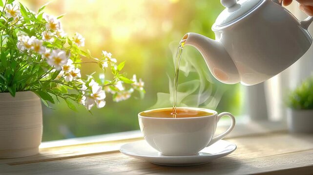 Sunlight morning tea with white teapot and steaming cup in green garden and cozy kitchen by window on wooden table with floral plants and warm glow