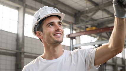 A smiling male engineer wearing a hard hat inside an industrial warehouse. Confident young construction worker looking up at a building site
