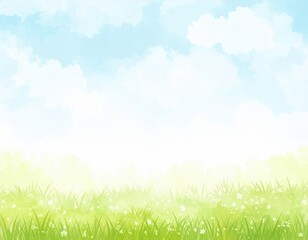Green field with white flowers under blue sky vast expanse of nature featuring blossoms and clear sky