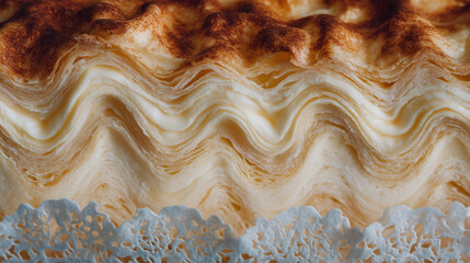 Tight macro of a butter-layered pastry resting on crinkled parchment, crisp edges and intricate texture suggesting gourmet craftsmanship