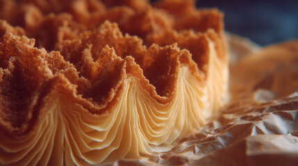 Tight macro of a butter-layered pastry resting on crinkled parchment, crisp edges and intricate texture suggesting gourmet craftsmanship