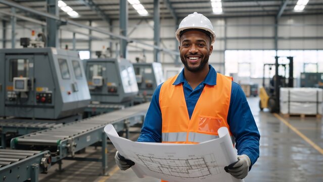 Smiling black male engineer holding a blueprint in a factory. Professional industrial worker in a hard hat and safety vest at a manufacturing plant - Powered by Adobe