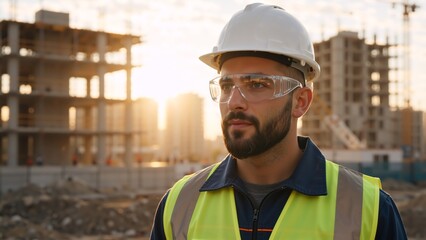 Fototapeta premium Portrait of a professional male engineer in a hard hat on a construction site. Confident construction worker looking over a building project at sunset