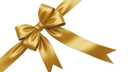  Luxurious Shiny Gold Satin Gift Bow and Flowing Ribbon on a Transparent Background, PNG Image