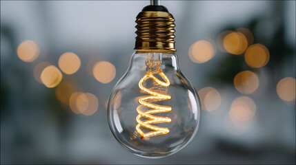 Macro close-up of a modern LED filament glowing warmly inside a clear light bulb, intricate spiral design reflecting golden light, soft bokeh background, emphasizing innovation and