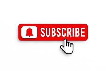 Red subscribe button with notification bell icon and hand cursor clicking to encourage engagement and channel growth