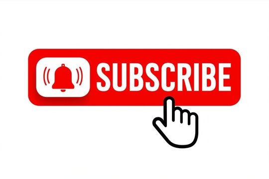 Clicking the red subscribe button with a bell icon and a cursor hand on a white background - Powered by Adobe