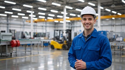 Portrait of a smiling factory worker in a hard hat. Confident industrial engineer standing in a modern manufacturing plant with copy space