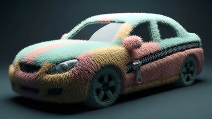 Colorful furry car with a zipper closure across its side, representing a unique and playful design in automotive concept art.