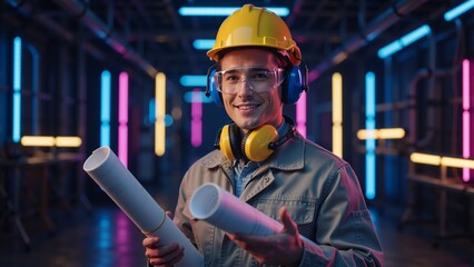 Smiling engineer in a hard hat holding blueprints in a modern factory. Professional construction worker with safety gear in a futuristic industrial setting