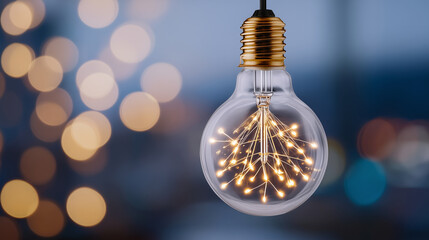 Extreme close-up of a modern LED filament, glowing amber inside a transparent bulb, delicate details of wire structure visible, warm cozy illumination highlighting eco-friendly inn
