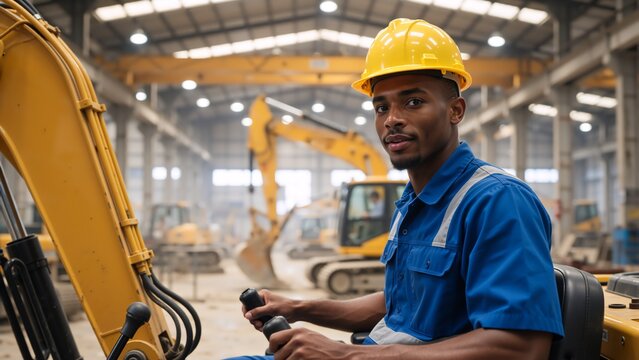 A professional black man operating an excavator in a factory. Skilled construction worker in a hard hat driving heavy machinery in an industrial warehouse - Powered by Adobe