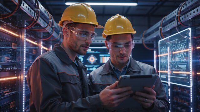 Two IT engineers working together on a tablet in a server room. Professional technicians collaborating on network maintenance in a futuristic data center - Powered by Adobe