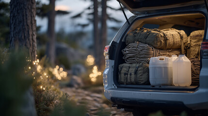 Open trunk loaded with rugged travel bags, camping stove, water jugs, ropes, and adventure tools, framed by forest trail entrance, soft ambient light creating a cinematic, explorer