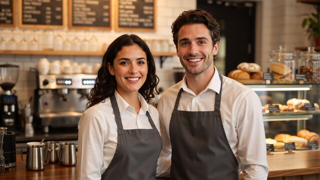Portrait of smiling coffee shop owners in their cafe. Happy male and female baristas in aprons standing together behind the counter. Small business and teamwork concept - Powered by Adobe