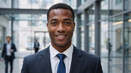 Fototapeta premium Portrait of a young confident african american businessman smiling in a modern office. Happy professional black man in a suit looking at the camera