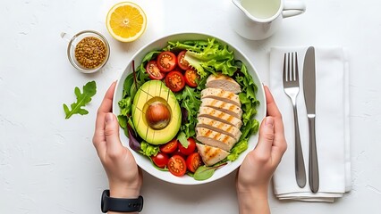 Healthy chicken salad with avocado and tomatoes