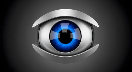 Detailed 3D rendering of a mechanical blue eye symbol on a dark gray background, representing vision, security, and technology.