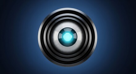Futuristic robotic eye or security camera lens isolated on a dark blue background, symbolizing artificial intelligence and digital surveillance.