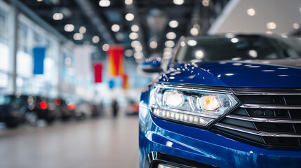 Detailed close-up of a carâs headlight and grille, glossy reflections from the vibrant dealership showroom lights, background filled with colorful banners, busy foot traffic, and c