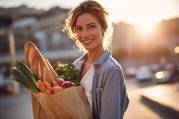 Woman Holding Paper Grocery Bag with Fresh Produce